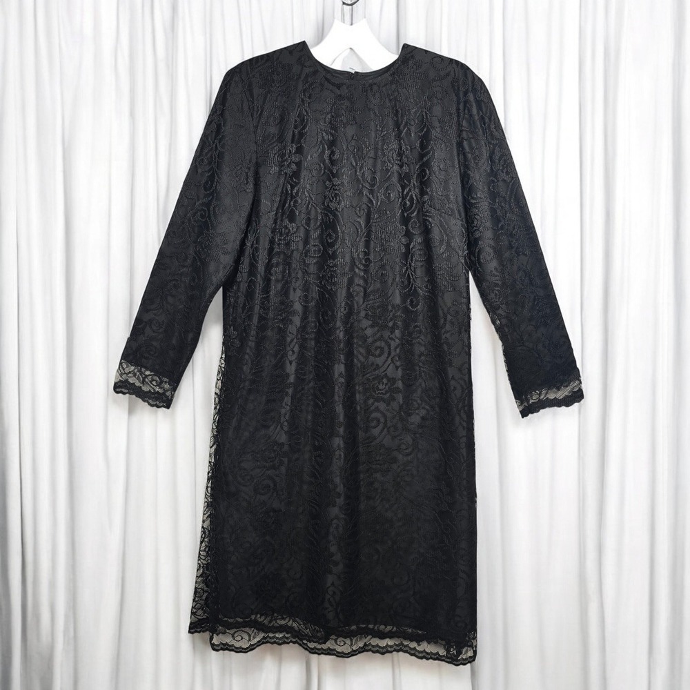 Vintage New Looks California Lace Sheath Dress Woman Size 14 Black Long Sleeve‎